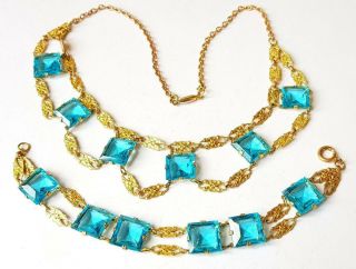 Vintage Art Deco Czech Aqua Blue Glass Necklace And Bracelet