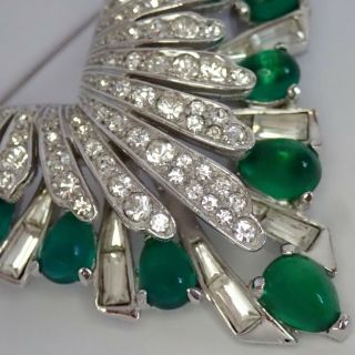 Vintage Marcel Boucher Rhodium Plate Emerald Crystal Rhinestone Wings Brooch