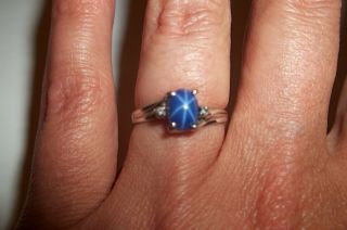 10k White Gold Blue Star Sapphire Diamond Accent Ring Size 5 Vintage