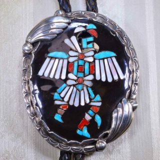 Vintage Old Pawn Zuni Bolo Tie Eagle Dancer Turquoise Coral Mop Feather Tie Tips