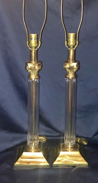 Vintage Pair Tall 33” Cut Crystal Clear Glass And Brass Corinthian Column Lamps