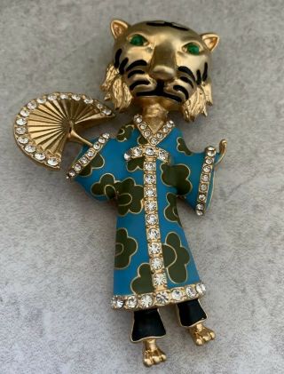 Singed Ciner Enamel Crystal Chinese Tiger Figural Brooch