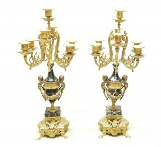 Vintage Pair Brevettato Italy Brass And Marble Candelabras