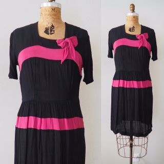 1940’s Vintage Rayon Bow Color Block Dress