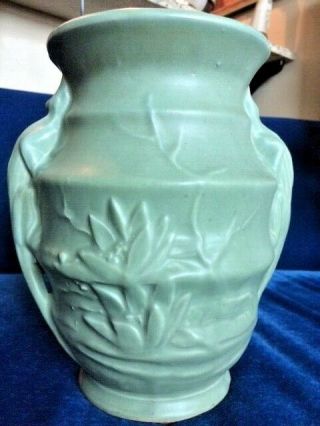 Rare 1920 ' s McCOY Lizard - Handled Vase/Sand Jar,  Lotus Flower Dec,  Matte Green 3