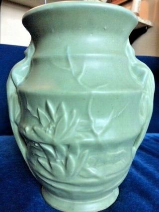 Rare 1920 ' s McCOY Lizard - Handled Vase/Sand Jar,  Lotus Flower Dec,  Matte Green 4