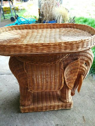Vintage Wicker Elephant Side Table Plant Stand Removable Tray Top Wood Base