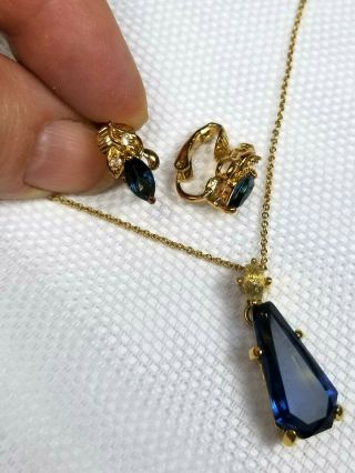 Christian Dior Necklace Earring Set Blue & Clear Glass Stones In Gold Tone