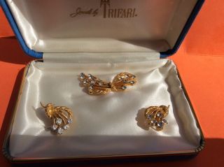 Vtg Jewels By Crown Trifari 10k Gold Plated Rhinestones Earrings Pin Brooch Set