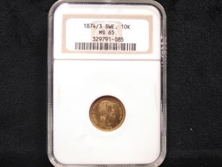 1874/3 Ngc Ms65 Sweden 10 Kronor Gold Rare Overdate Gorgeous Luster