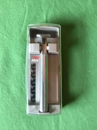 Vintage Nos Gillette Atra Razor Metal Handle,  5 Razor Blades W/ Case