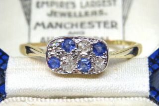 18ct Yellow Gold Art Deco Sapphire & Diamond Ring Size O.  5 Vintage