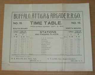 Vintage 1902 Buffalo Attica & Arcade Railroad Co.  Time Table