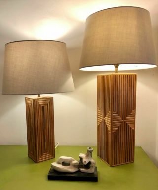 Vintage Retro Mid Century Set Of 2 Bamboo Table Lamps