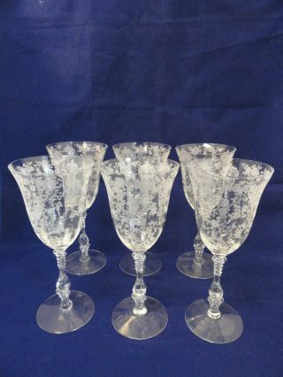 Set Of 6 Vintage 8.  5 " Etched Crystal Wine Glasses,  Etched Flowers,  Leaves B2 - 9
