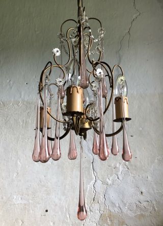 Elegant Vintage French Gilt Chandelier With Rose Opaline Murano Glass Crystals.