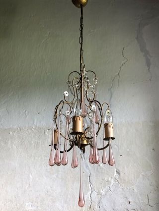 Elegant Vintage French Gilt Chandelier With Rose Opaline Murano Glass Crystals. 2