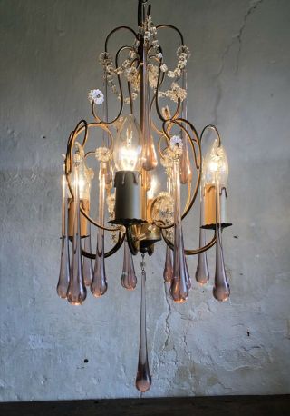 Elegant Vintage French Gilt Chandelier With Rose Opaline Murano Glass Crystals. 3
