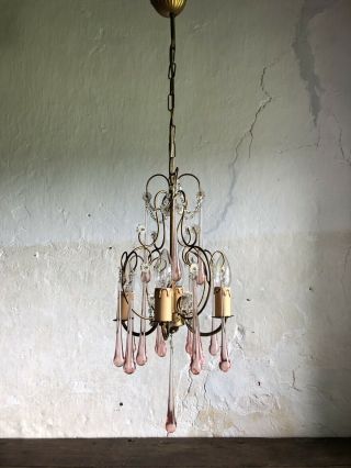 Elegant Vintage French Gilt Chandelier With Rose Opaline Murano Glass Crystals. 4