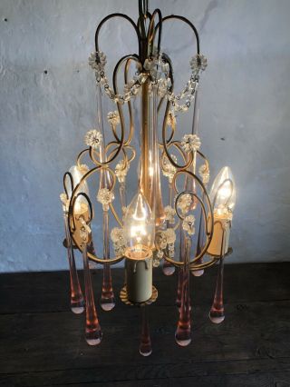 Elegant Vintage French Gilt Chandelier With Rose Opaline Murano Glass Crystals. 7