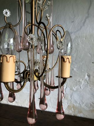 Elegant Vintage French Gilt Chandelier With Rose Opaline Murano Glass Crystals. 8