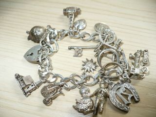 Ladies 925 Sterling Solid Silver Charm Bracelet With 22 Vintage Charms