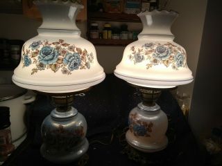 2 Vintage Blue Floral Ornate Gone With The Wind Hurricane Lamps 21 " Tall