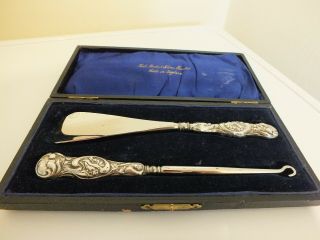 Boxed Set Of Antique Solid Silver Handled Buttonhook & Shoe Horn