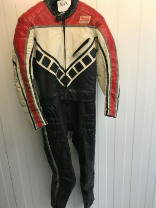 Pesci Sport Mens Vintage Leather Motorbike Full Suit Red/white/black (mc1013)