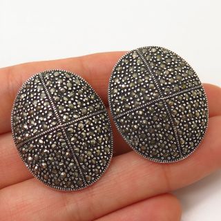 925 Sterling Silver Vintage Real Marcasite Gem Large Oval Clip - On Earrings