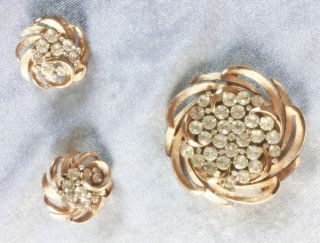 Vintage Crown Trifari Brooch & Earrings Rhinestone @ Designer Signed Jewelry