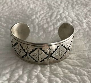 Vintage Navajo Native American Sterling Silver Ornate Cuff Bracelet Signed Meb