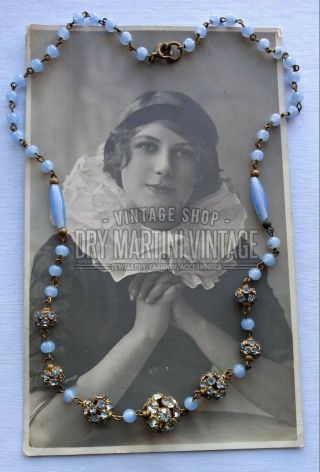 Vintage Art Deco 1920s Blue Czech Beads Diamante Necklace Bridal Jewellery Gift