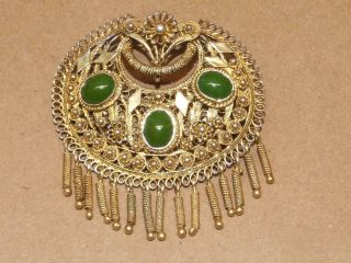 Filigree Etruscan Cannetille Gold Gilt Sterling Silver Fringe & Jade Pin Brooch