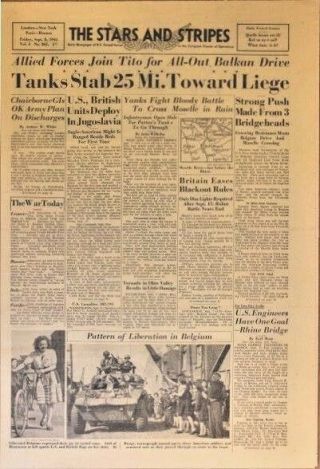 Stars And Stripes Sept 8 1944 - Tanks Push Toward Liege - Patton And Patch Link