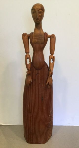 Antique Vintage Primitive Hand Carved Wooden Doll Form W Jointed Arms 23.  5 "