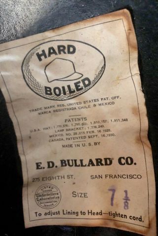 Vtg ED Bullard Hard Boiled Canvas and leather Hard Hat 1930 pat 8