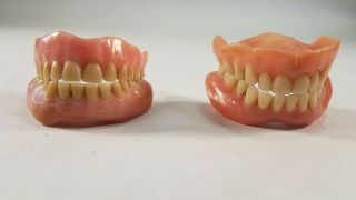 Two Pair False Teeth Dentures Full Upper & Lower Real Vintage Prop Halloween
