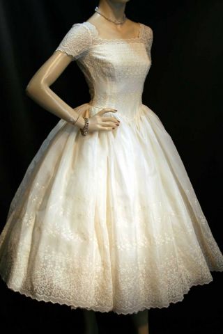 Xs Vtg 1950s Prom Gown Cream Embroidered Sheer Organza Satin 50s Wedding Dress