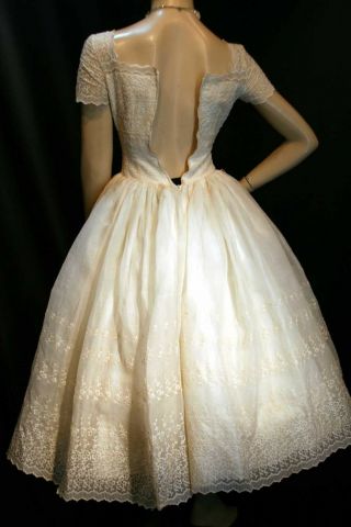 XS Vtg 1950s Prom Gown Cream Embroidered Sheer Organza Satin 50s Wedding Dress 2