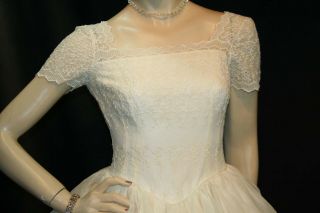 XS Vtg 1950s Prom Gown Cream Embroidered Sheer Organza Satin 50s Wedding Dress 3