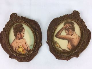 Set Of 2 Vintage Artini Studio 3d Mini Engraved Etched Nude Portraits Framed