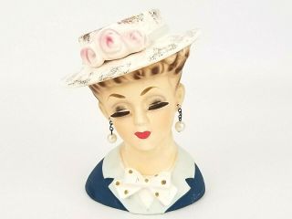 Vintage Lady Head Vase With Hat Eyelashes And Earrings Made By Velco