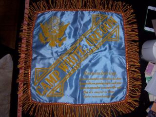 Vintage U.  S.  Army Camp White Oregon Blue & Gold Fringe Satin Pillow Cover