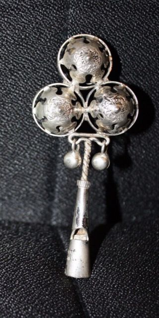 Antique Victorian Era Sterling Silver Baby Rattle And Whistle