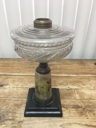 Black Metal Square Base Antique Gas Oil Lamp Font Stem Pottery Vintage Rare