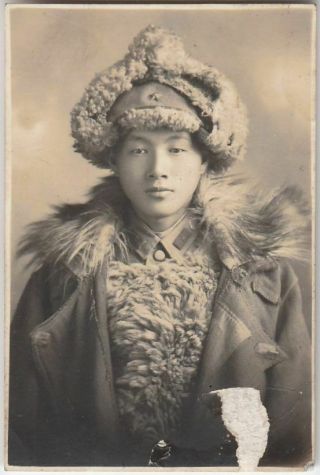 B20 Manchuria China Exp.  Japan Army Photo Soldier With Winter Cap And Coat