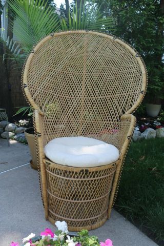 Vintage 52 " Wicker Chair Peacock Fan Back,  Throne,  Natural And Black