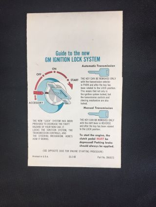 Chevrolet Vintage Sunvisor Starting Instruction Guide Sleeve 69 - 72