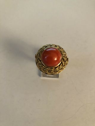 Vintage Estate Detailed Hand Made 18k Yellow Gold Round Red Coral Ring